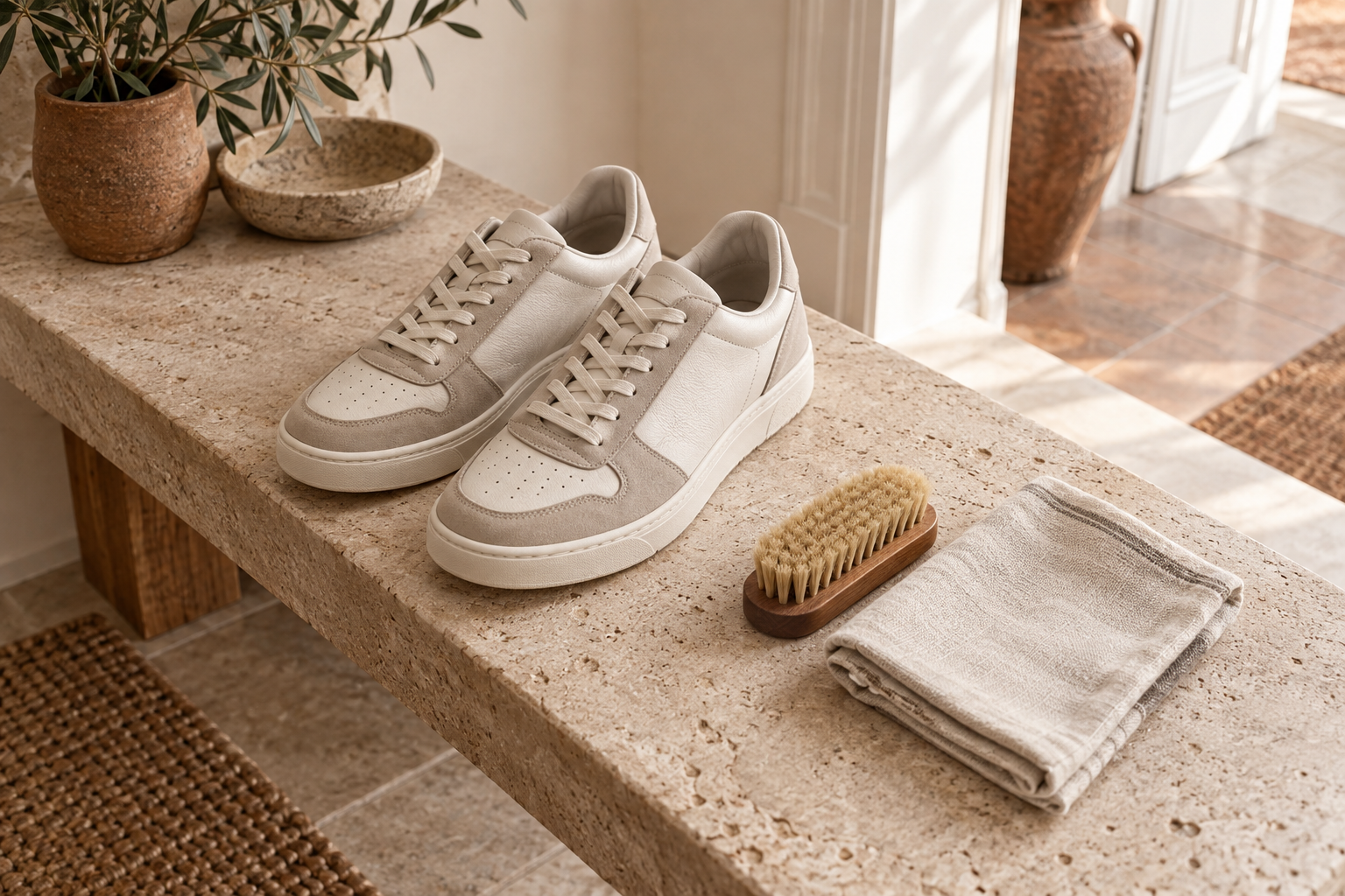 Sneaker casual senza marchi con accessori generici per la cura