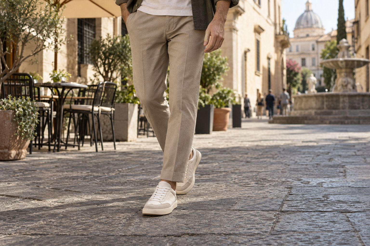 Persona che cammina in città con sneaker casual senza marchi