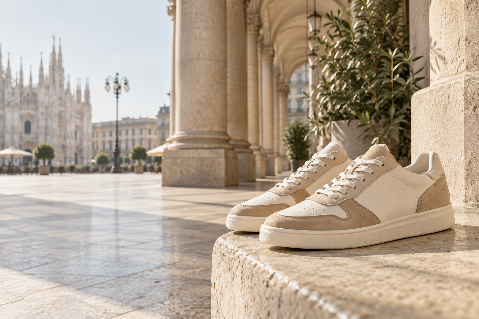 Sneaker casual neutre in una luminosa architettura italiana